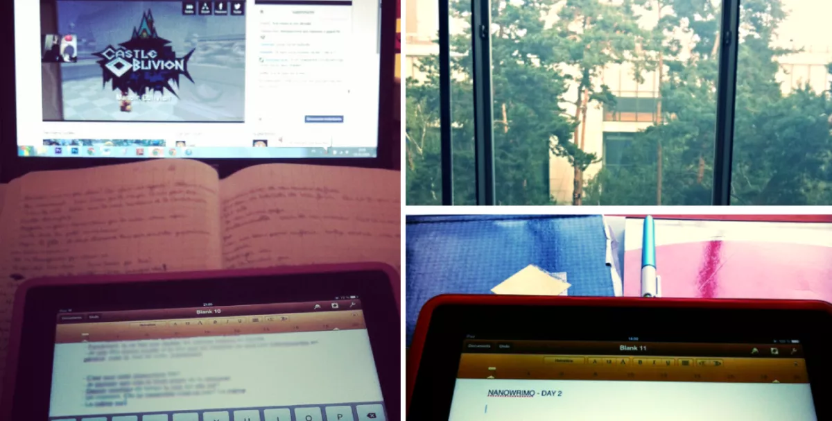 Souvenir d'un NaNoWrimo en 2014. A gauche, j'écris sur ma tablette, dans ma chambre de 9m² en regardant un live Kingdom Hearts de SuperBrioche.  A droite, je suis toujours sur ma tablette, cette fois à la BnF face aux jardins.