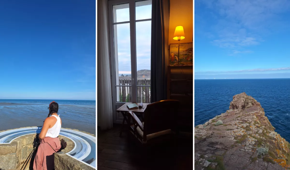 De gauche à droite : 1) Je me tiens de dos face à la mer, le ciel est bleu, je porte un débardeur blanc. 2) Face à une fenêtre donnant sur la mer, on se trouve dans un intérieur cosy tout en bois, baigné d'une lumière orangée. 3) Toujours face à la mer, un chemin de roches qui s'avance sur l'étendue d'eau.